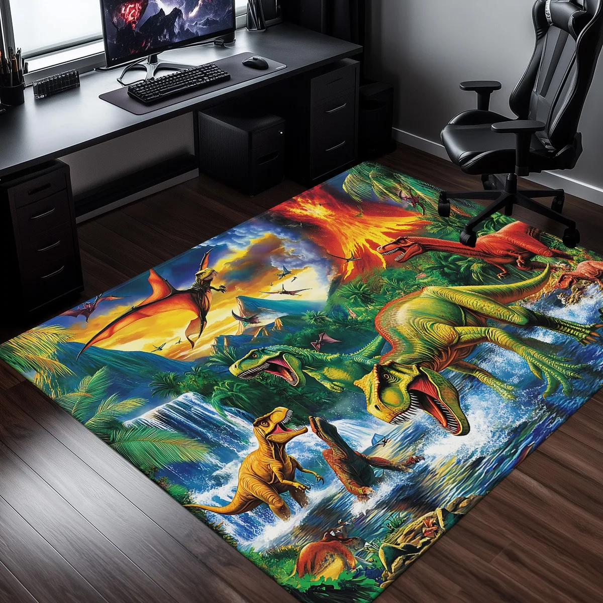 Dinosaur jungle volcano scene plush rug kids room bedroom floor mat prehistoric animal print soft carpet home decoration