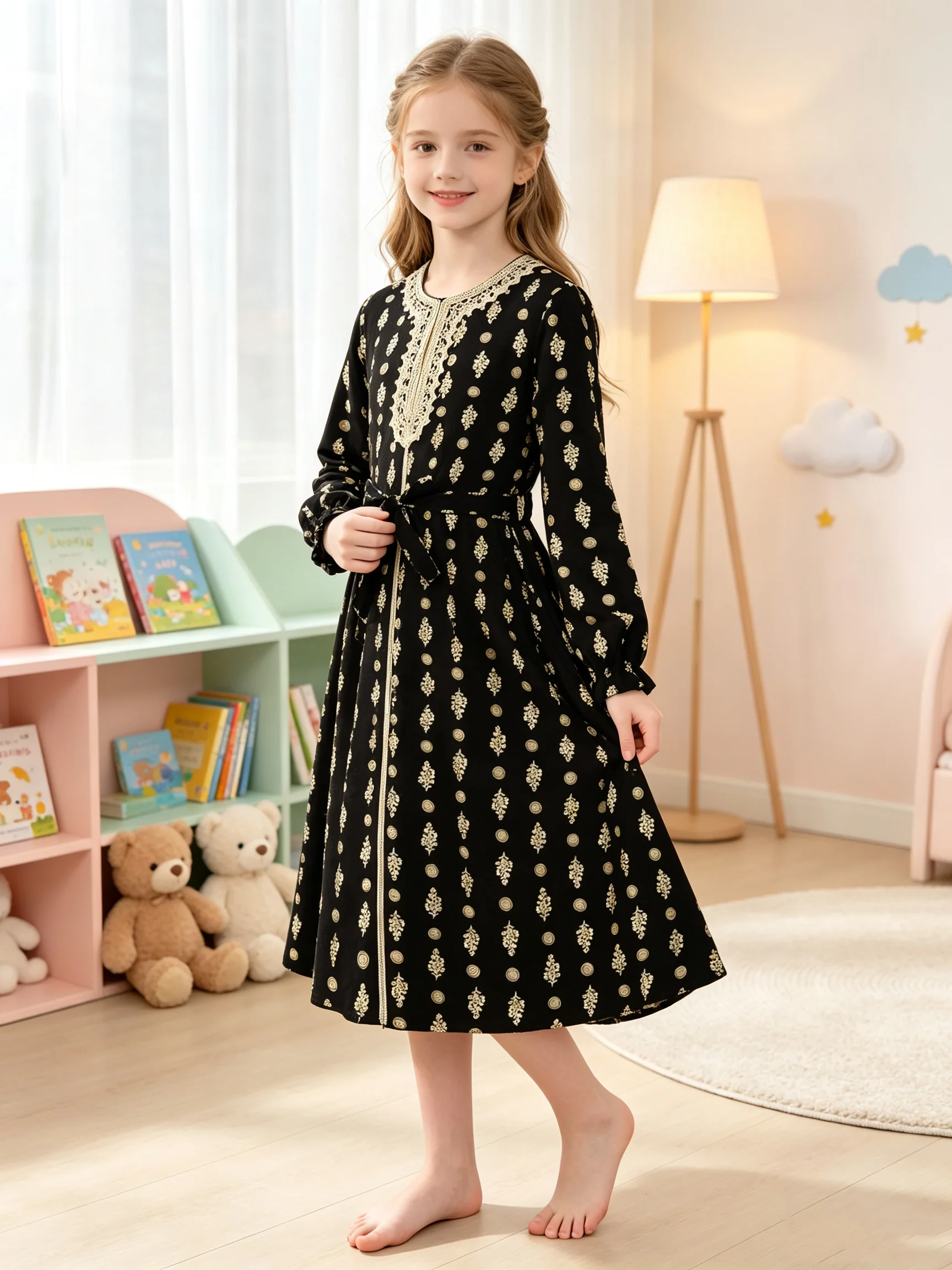 Girls Bohemian Long Sleeve Dress Gold Floral Print Lace Trim Breathable Fabric for Eid Outing