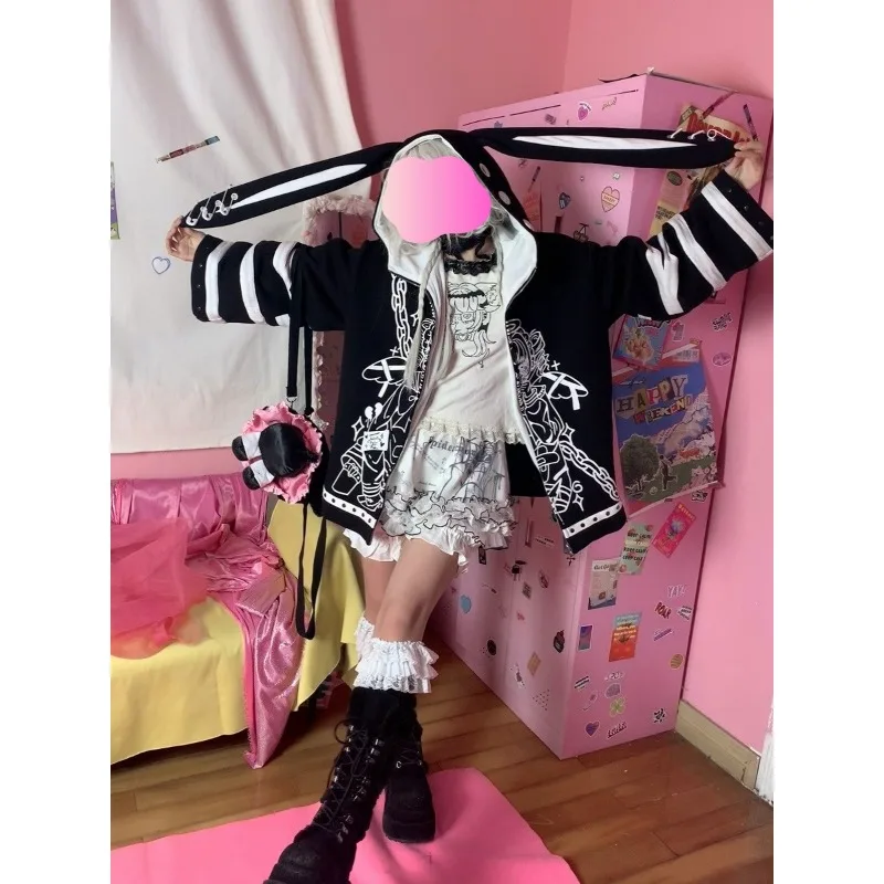 Women clothing Personality Y2k stitch Top with Hooded Rabbit Ears Fleece Subculture Hoodies Coat Female Autumn Winter Sweatshirt