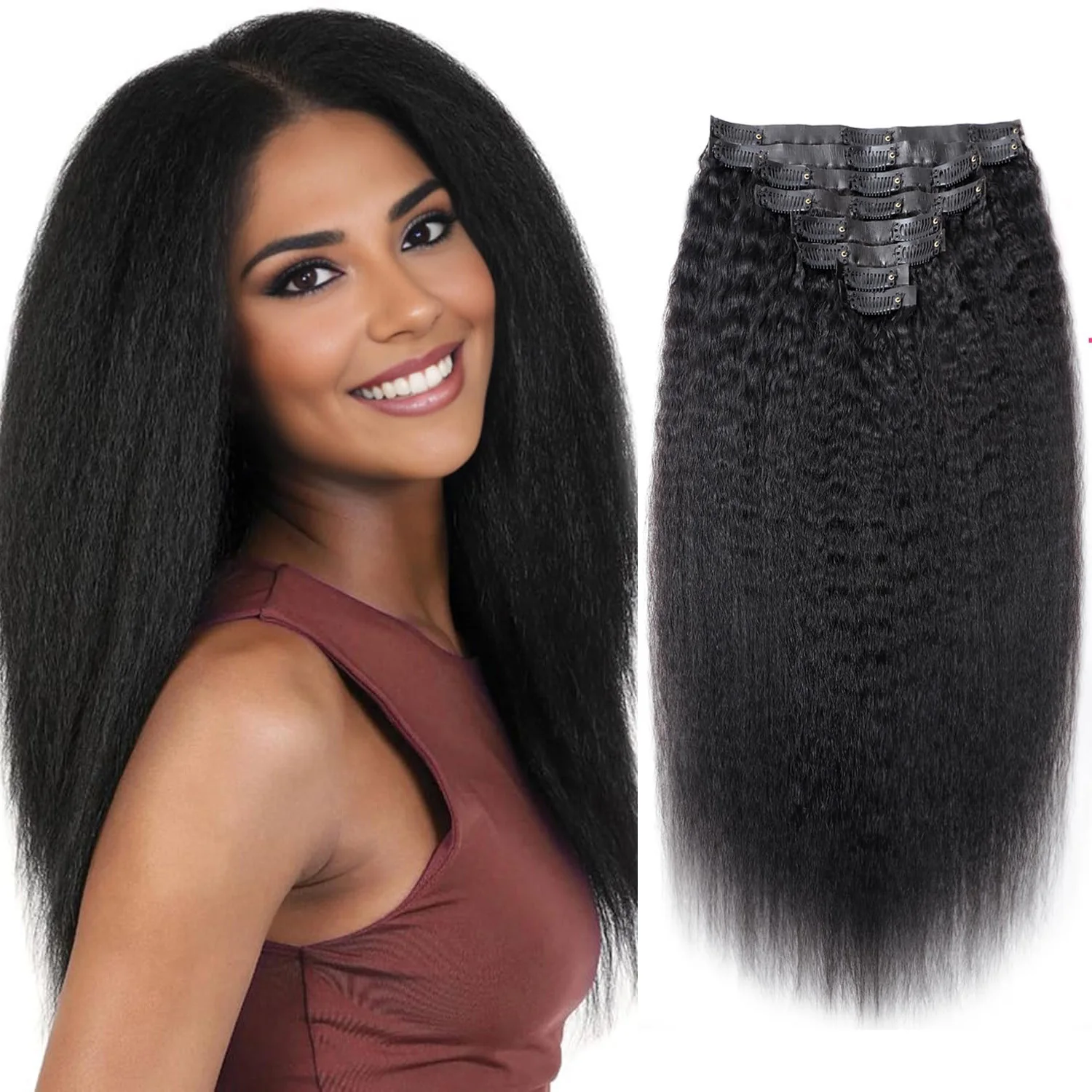Verworrene gerade Clip-in-Haarverlängerungen für schwarze Frauen, voller Kopf, Yaki, gerade Clip-Ins, synthetische Haarverlängerungen, 7 Stück/Set