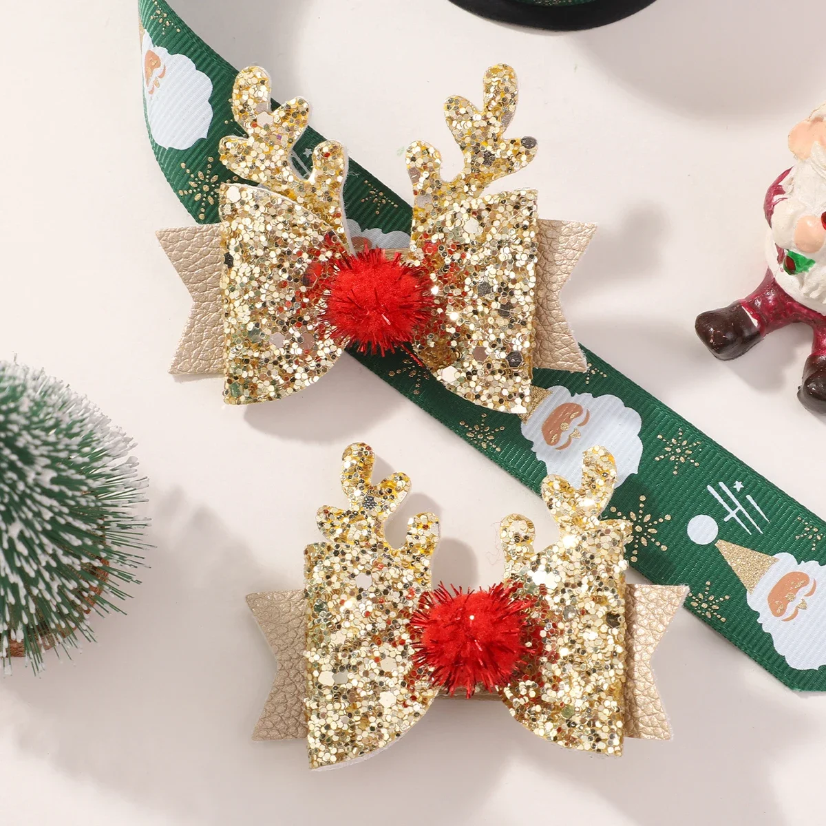 2/4 шт., блестящие банты красного и золотого цвета, заколки для волос для девочек, рождественские заколки для волос с оленем, блестящий держатель для хвоста, головные уборы, аксессуары для волос