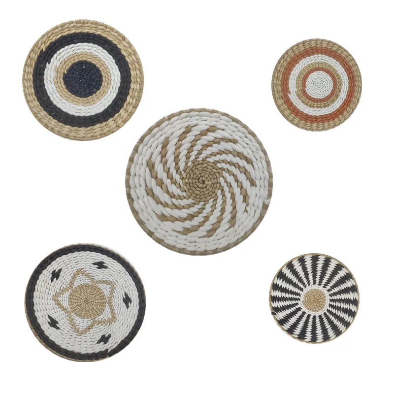 5 PCS Nordic Rattan Grass Wall Plate Decoration Moroccan Style Straw with Hang Hook Background Living Room Wall Art Home Decor