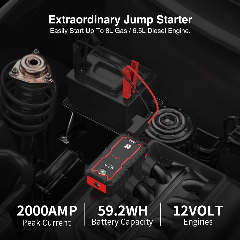 UTRAI 2000A Car Battery Starter 12V Auto Starting Device Emergency Portable Power Bank Car BoosterJump Starter For 8.0L Gas 6L