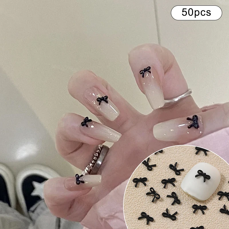 

50Pcs Multi-Sizes Black Resin Bow Nail Charms 3D Mini Solid Color Bow Nail Art Decoration Accessories For Manicure Hair Clip DIY