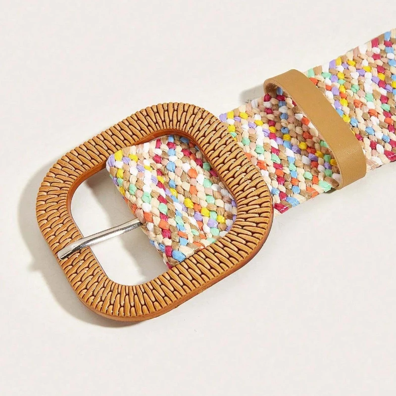 Women Boho Colorful Trendy Straw Belt Trendy Round Buckle Wide Belts Classic Summer Beach Waistband For Women Girls