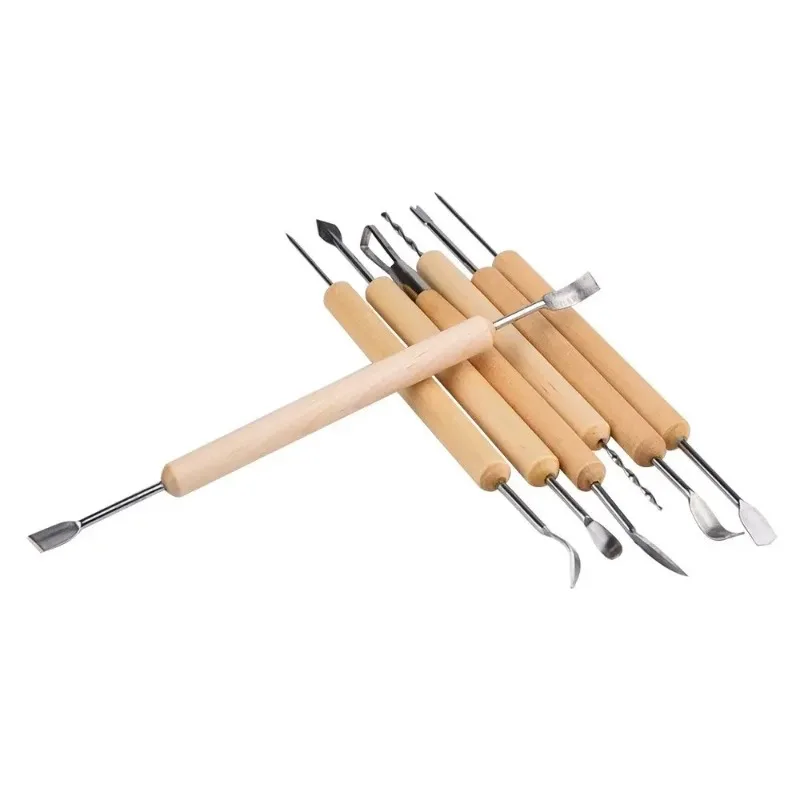 مجموعة أدوات نحت الشمع من الفولاذ المقاوم للصدأ مكونة من 11 قطعة - أدوات نحت الفخار والطين بمقبض خشبي للحرف اليدوية والهوايات والمشروعات اليدوية