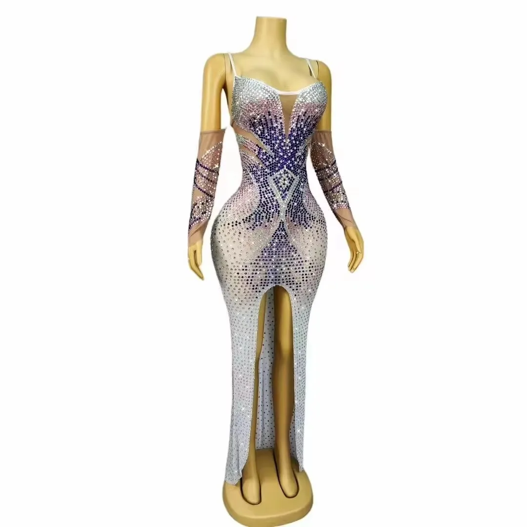Luksusowa siateczkowa przezroczysta sukienka z kryształkami balowa wieczorowa chusta z rozcięciem długa sukienka kobiety piosenkarka kostium sceniczny strój na przyjęcie urodzinowe