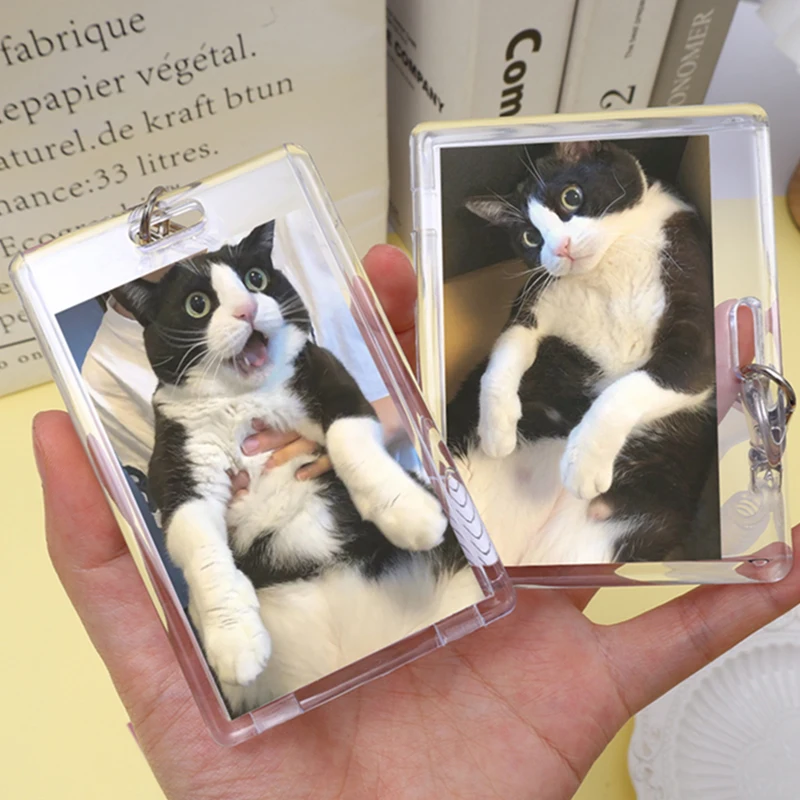 INS Horizontal Vertical Acrylic Cards Sleeve with Spring Lanyard Chain ID Card Idol Card Slot Transparent Card Case Protective