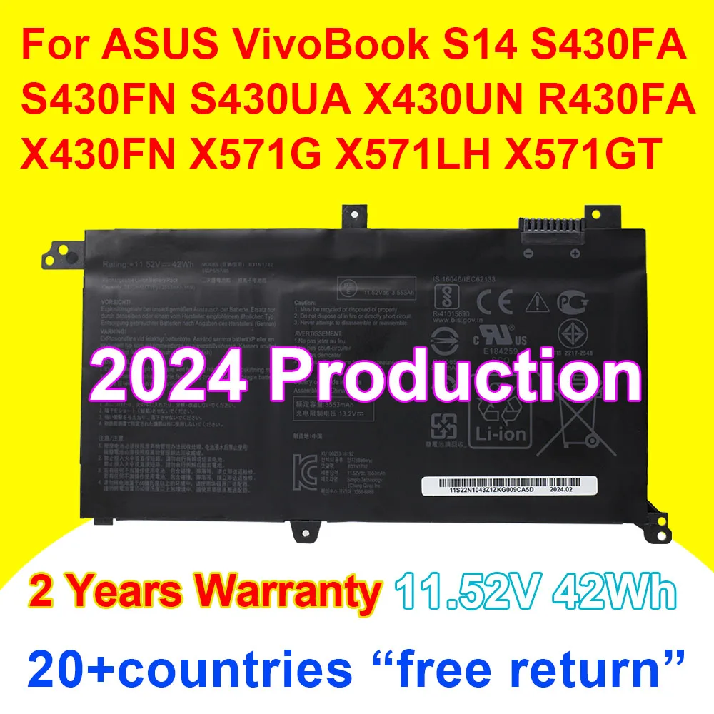 NEW B31N1732 Laptop Battery For Asus VivoBook S14 S430FA S430FN S430UA X430UN R430FA X430FN X571G X571LH X571GT X571GD 42Wh