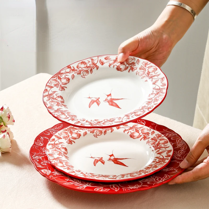 Chinese High-end Red Tableware Bowls and Plates Household Ceramic Bowls and Plates Gift Restaurant Kitchen Tableware Set