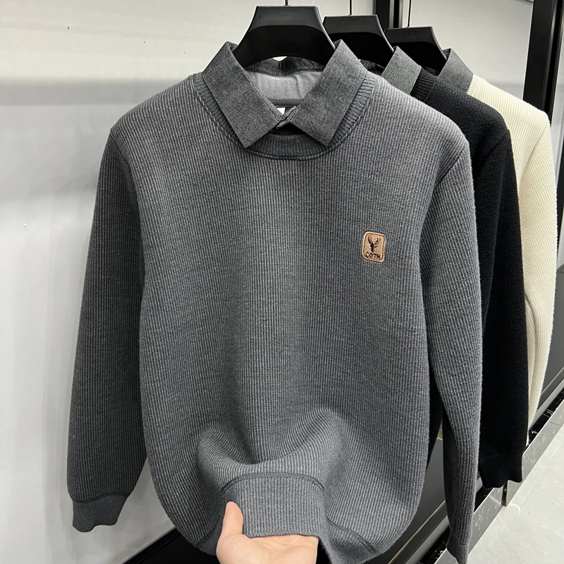 الرجال مصمم الأصلي الصوف مبطن متماسكة سترة وهمية قطعتين قميص طوق البلوز الدافئة عادية الخريف الشتاء كم طويل