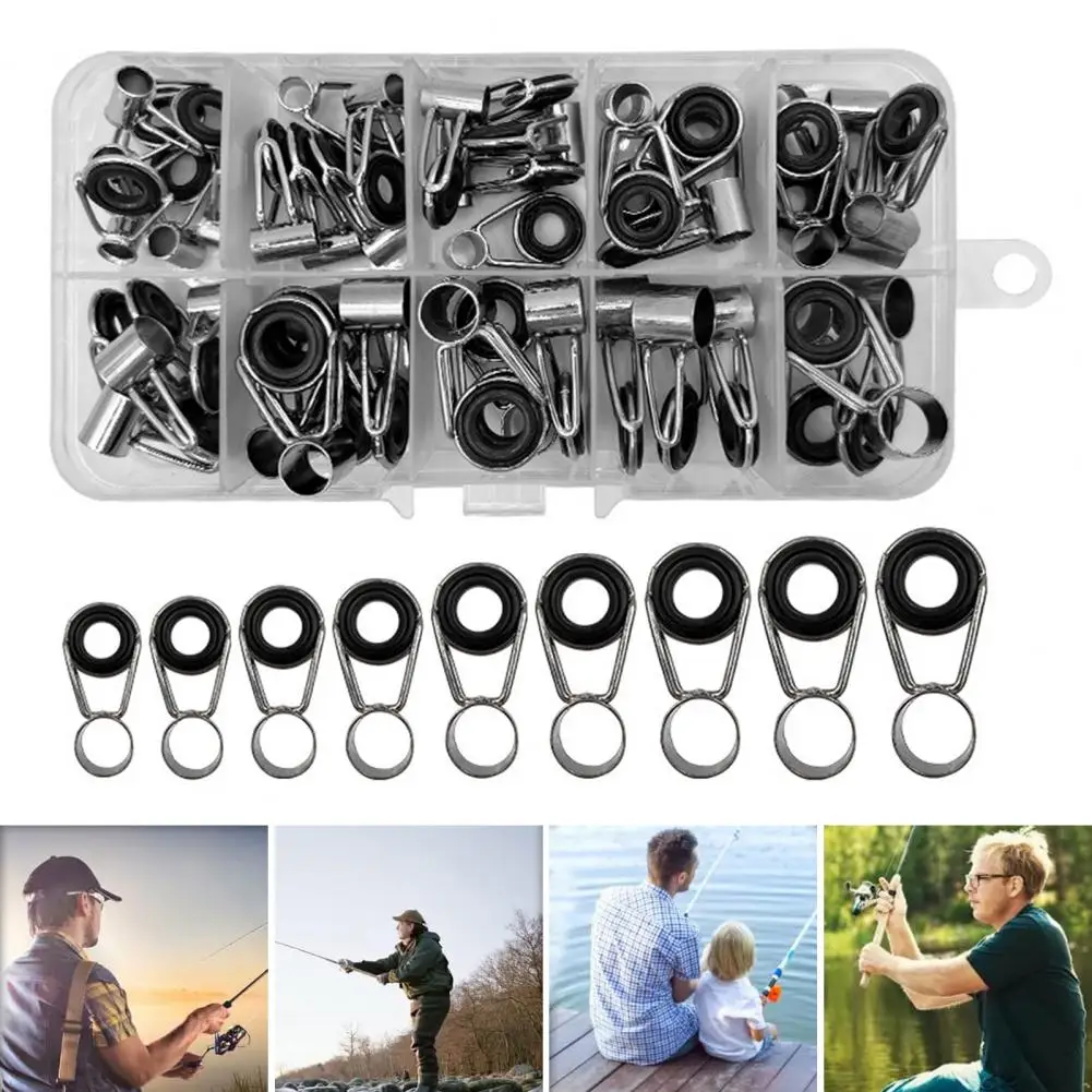 45Pcs/Box Fishing Rod Guide Ring Assorted Sizes Ceramic Eyelet Replacement Freshwater Saltwater Fishing Pole Tip Repair Kit