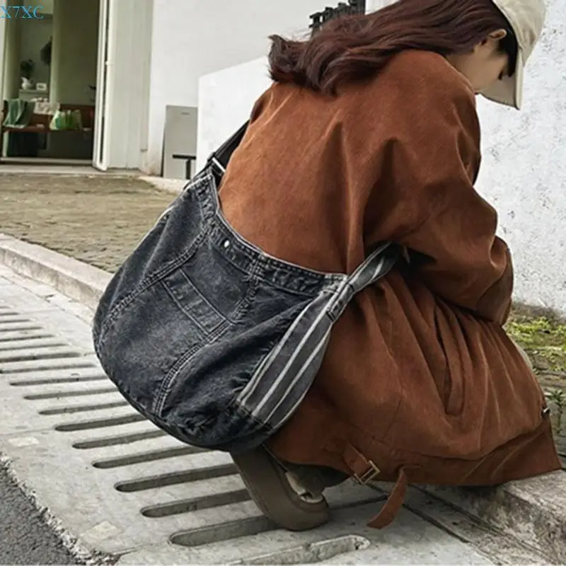 x7xc ความจุขนาดใหญ่ denims กระเป๋า crossbody สำหรับผู้หญิงผู้ชาย multipurpose วินเทจ canvas jean