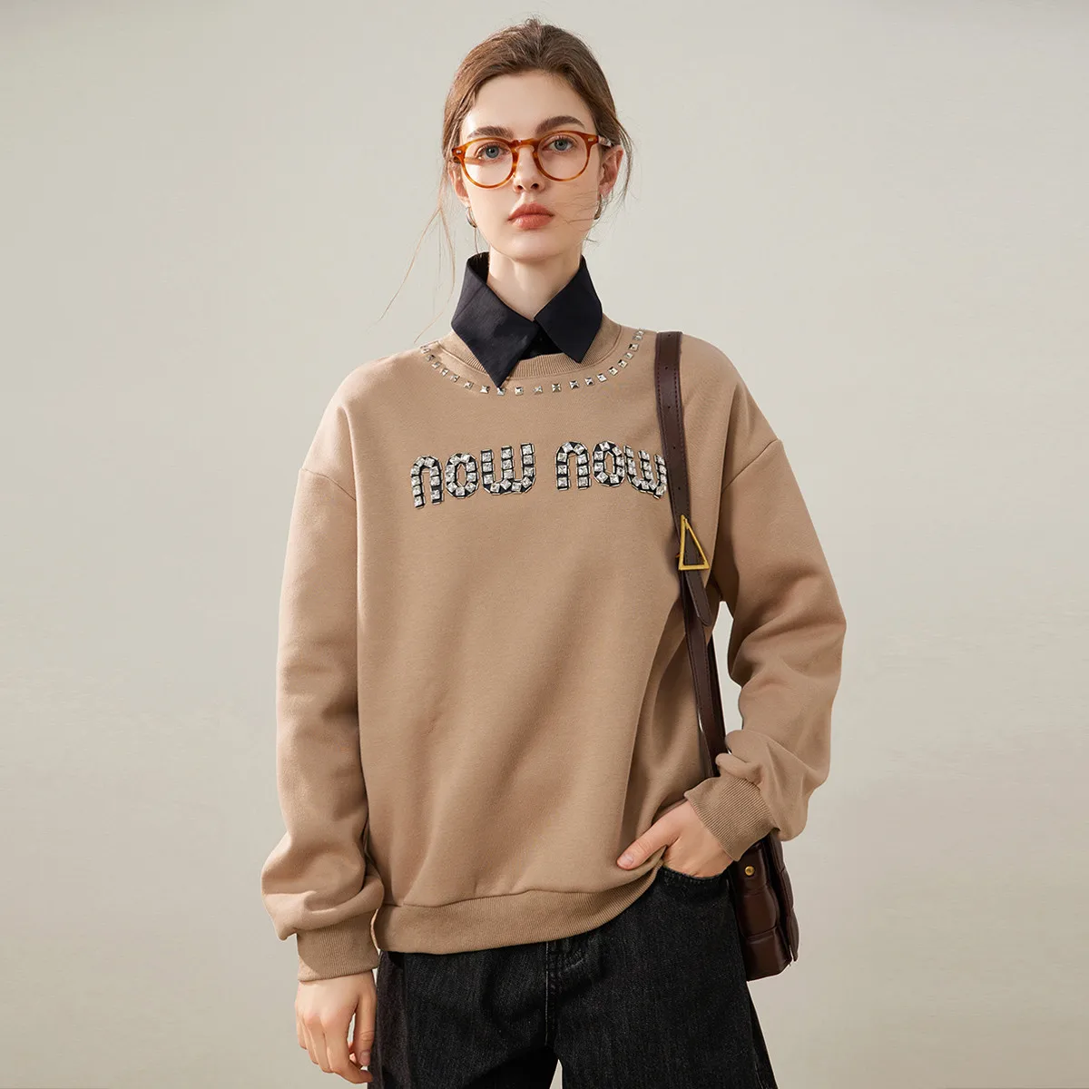 LOUIS YAO Trendy Cool 3D Diamond Letter Women's Sweatshirts 2025 Winter Thick Velvet Top Long Sleeve Loose Chic Women's Hoodie