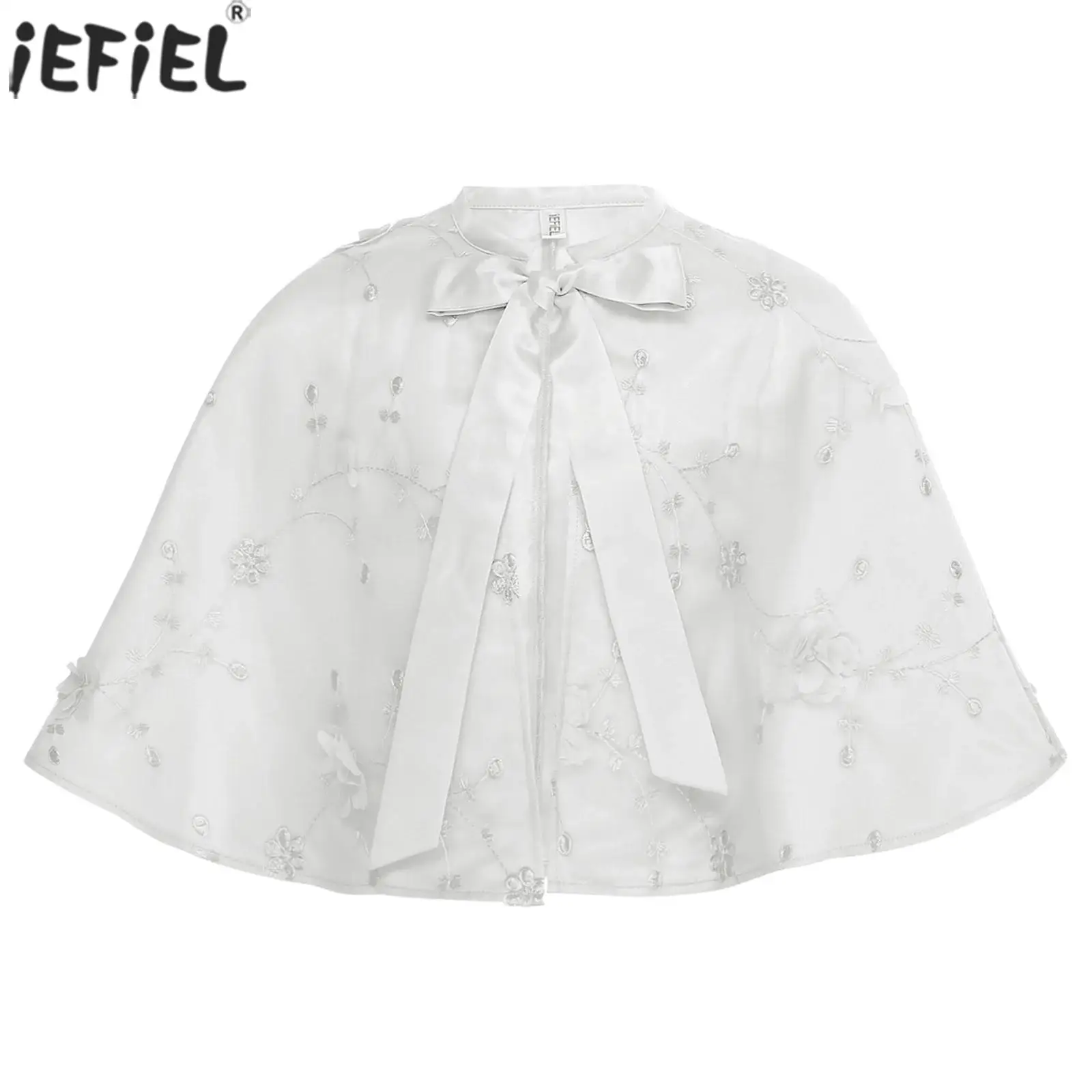 Kids Girls Elegant Flower Bolero Shrugs Shawl Embroidery Mesh Cardigan Wrap Cape Cloak Wedding Party Dress Gown Match Tops Coat