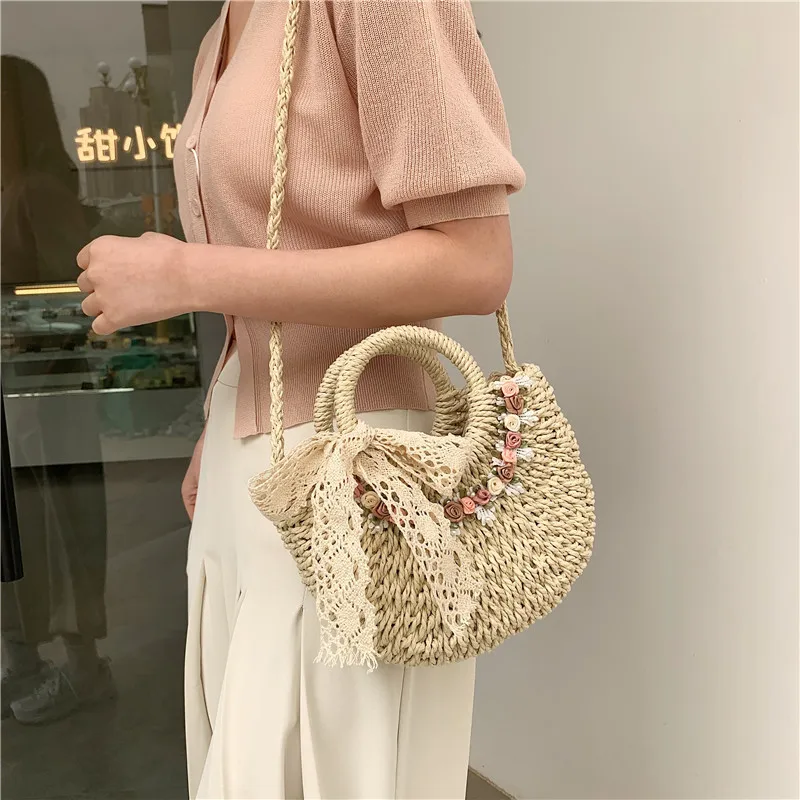 2024 New Vacation Beach Semi-circular Bow Lace Tote Shoulder Crossbody Straw Bag