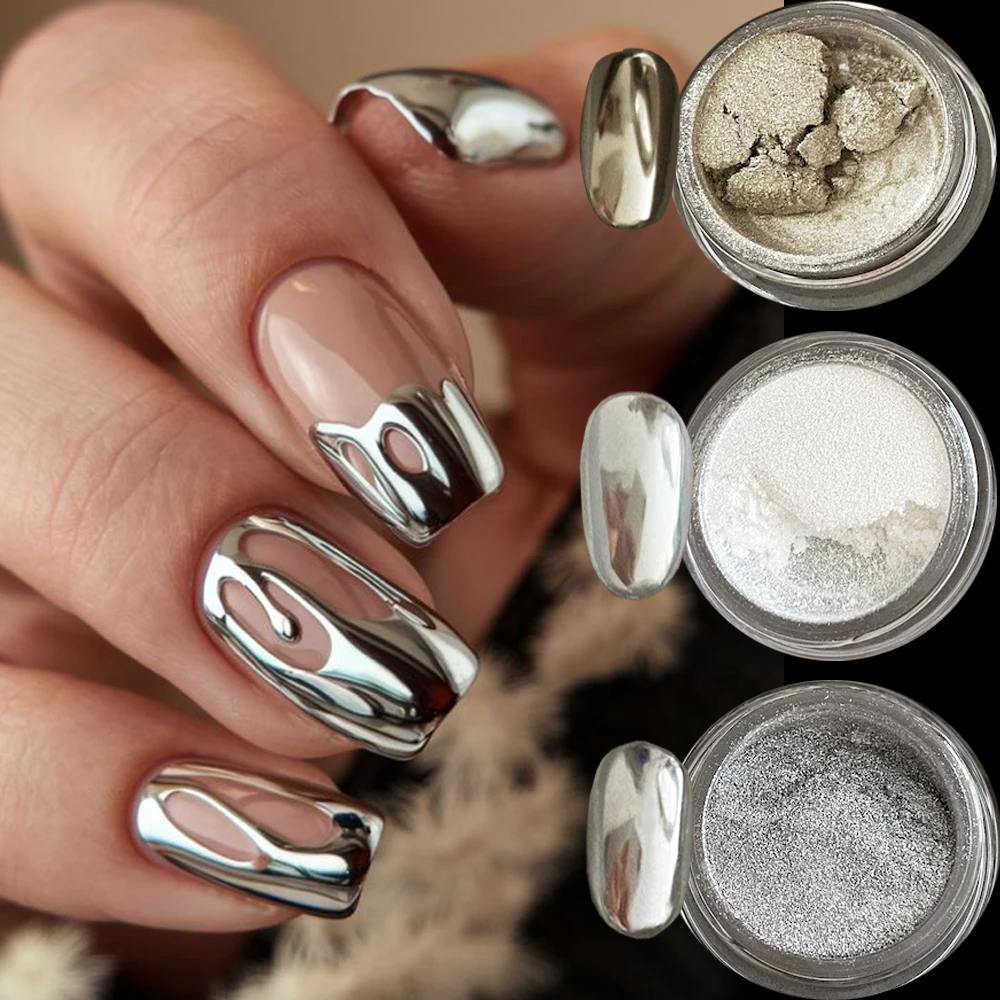 

1jar Metallic Silver Magic Mirror Nail Powder Holographic Shiny Punk Nail Rubbing Dust For Women 3 Types Silver Manicure Pigment