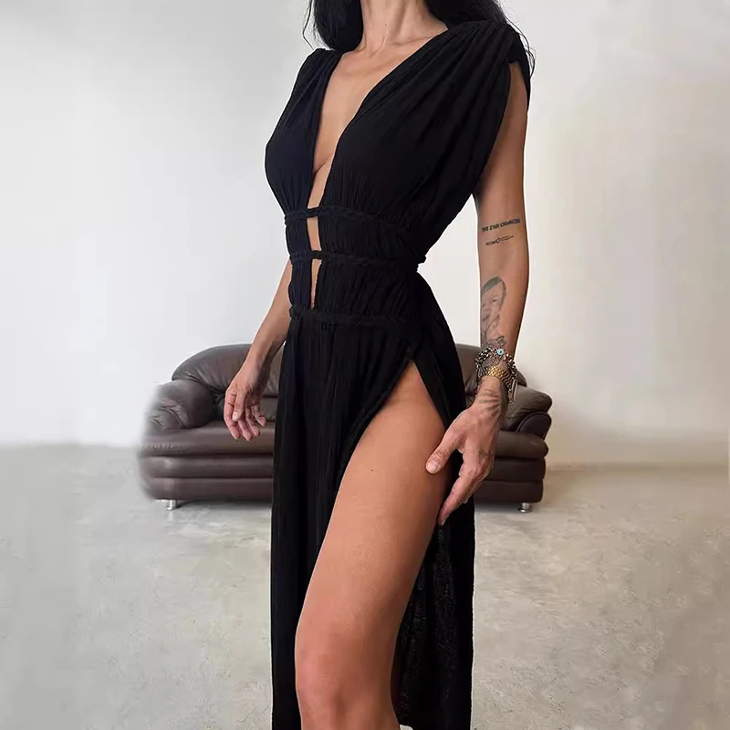 Casual Summer Boho Maxi abiti per le donne 2024 Sexy High Split Hollow Out Flowy Long Dress Beach Cover Ups Party Vestidos