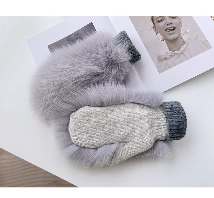 Real Fox Fur Gloves Knitted Women Mittens Winter Girls Fashion Fluffy Warm 100% Real Fox Fur Gloves