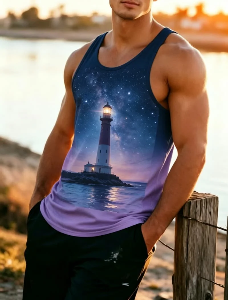 Men's ocean landscape printed sleeveless tank top, for summer fitness, beach travel, daily travel, and casual wear