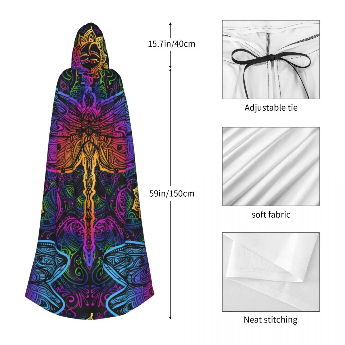 Unisex Witch Party Reversible Hooded Adult Vampires Cape Cloak Indian Mandalas Paisley Dragonfly Sun Pattern