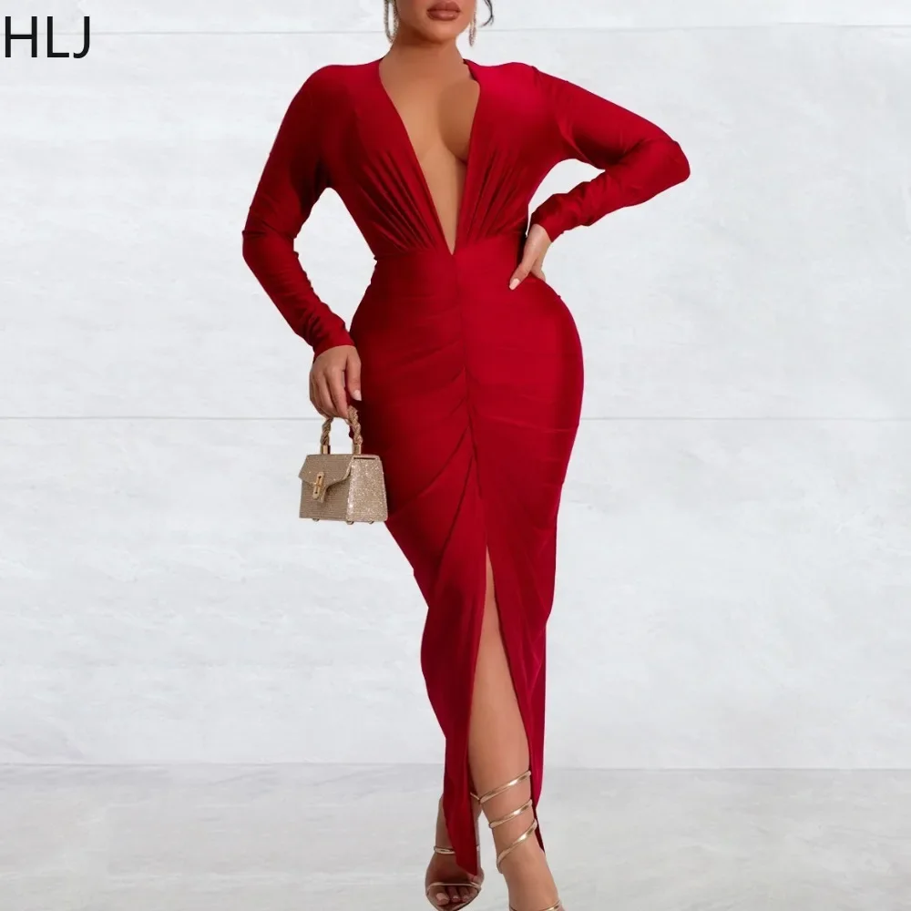 

HLJ Elegant Lady Solid Bodycon Slit Long Dresses Women Deep V Long Sleeve Ruched Slim Vestidos Autumn New Female OL Clothing