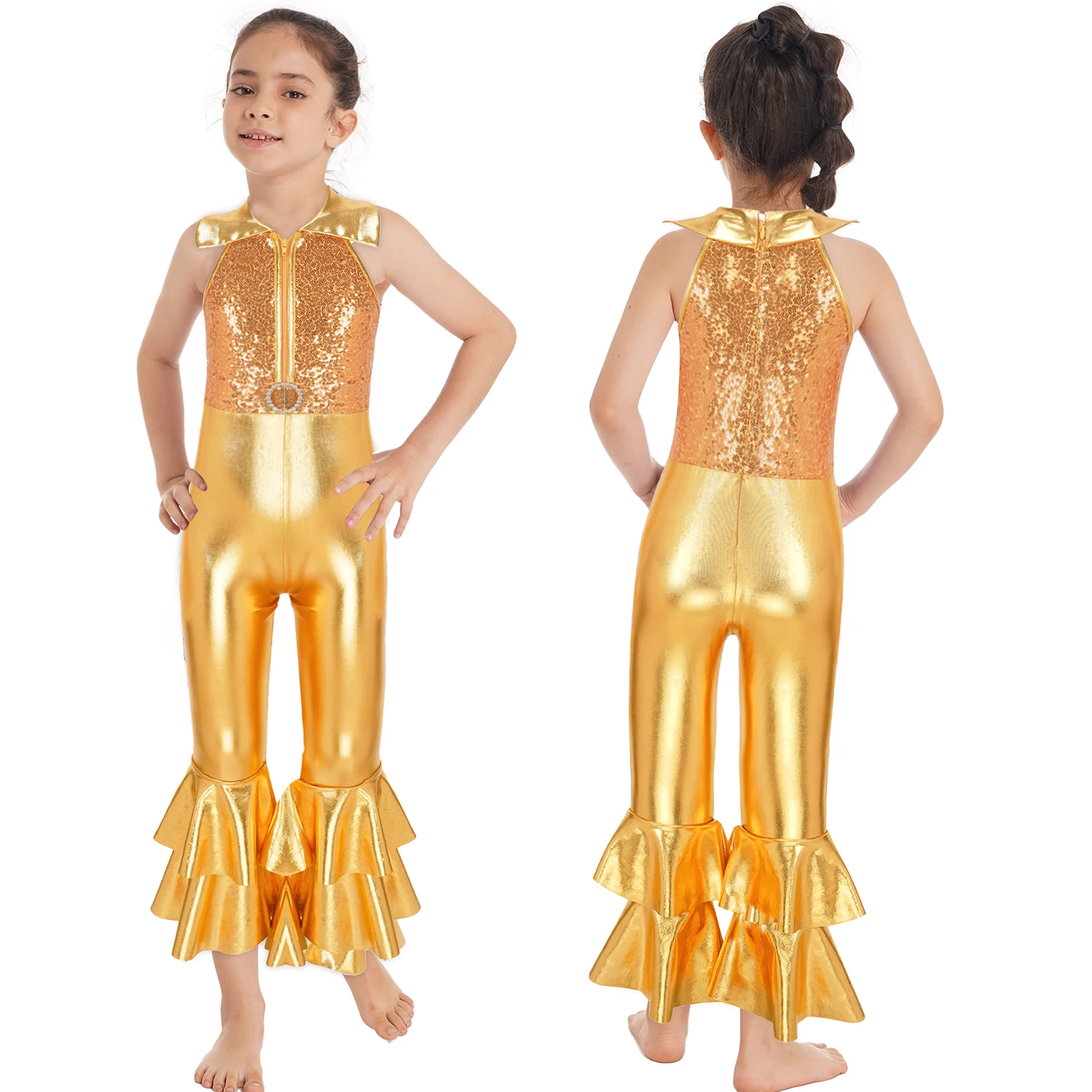 Kid Girl paillettes 60/70s Hippie Costume discoteca Diva Dance Stage Performance tuta Bell Bottom per Retro Vintage Party Dancewear