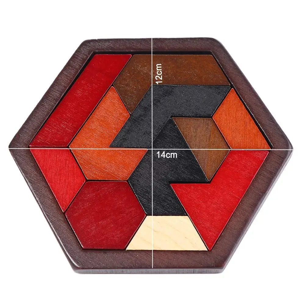 Wooden Hexagonal Geometric Shape Tangram Board IQ Brain Teaser Puzzles Board Educational Toys Children Kids Adults Puzzle Game