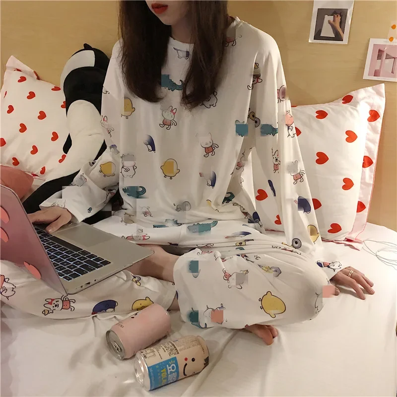 Long-Sleeved Pyjamas Female Fall and Winter Cute Students Sleepwear Loungewear Two-Piece Suit Homewear Flowers Cartoon Nightwear