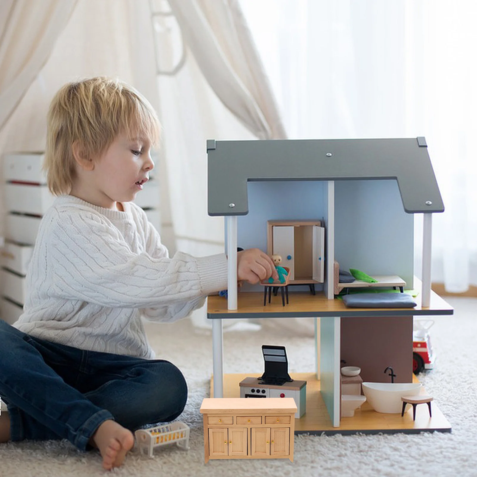 Armário de madeira inacabado em escala 1/12, móveis para casa de bonecas em miniatura, sala de estar, cozinha, armazenamento, mini gaveta