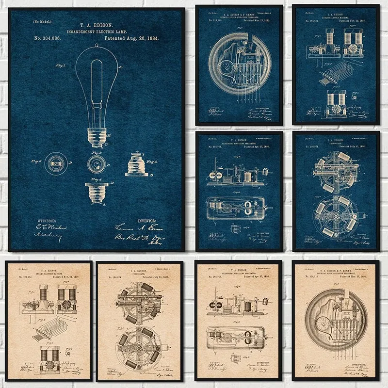 Vintage Thomas Edison Dynamo/Electric Lamp Patent Sketch Poster Engineer Canvas Wall Pictures Home Office Decor