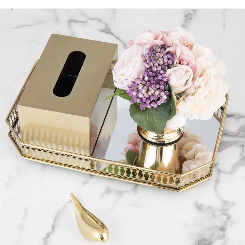 Golden Metal Square Tissue Box Household Paper Roll Storage Decoration Living Room Coffee Table Home