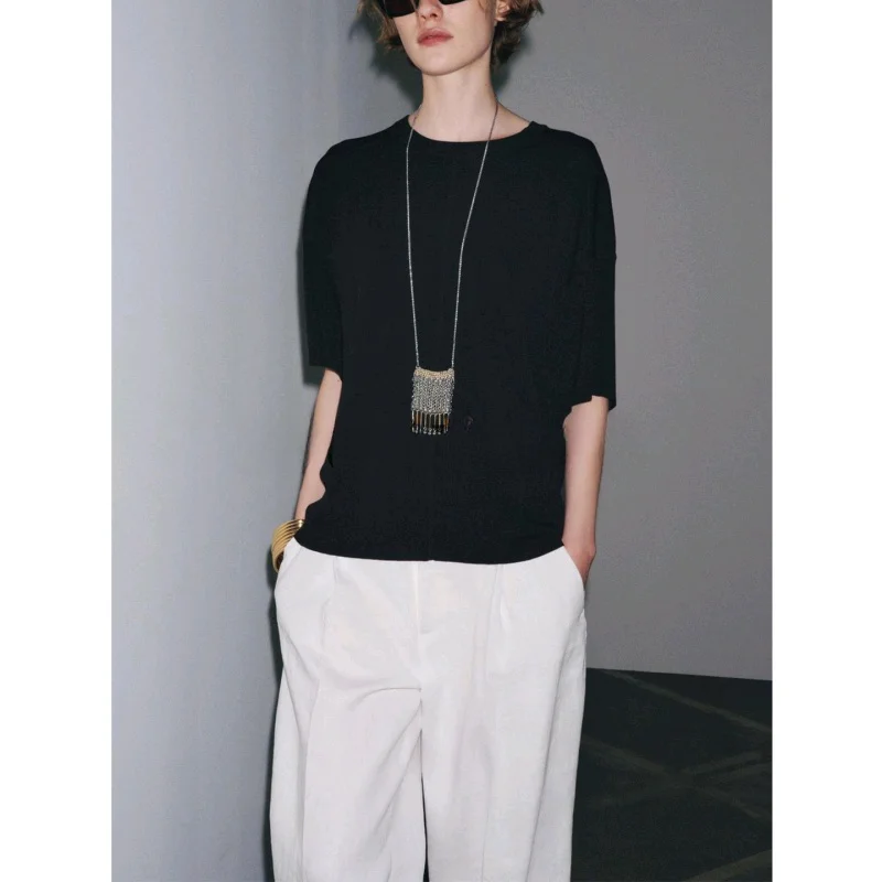 T-shirt lavorata a maglia rotonda Ne ort Sve dalla vestibilità ampia Sle da donna Nuovo arrivo invernale Faion Design semplice in fibra di poliestere