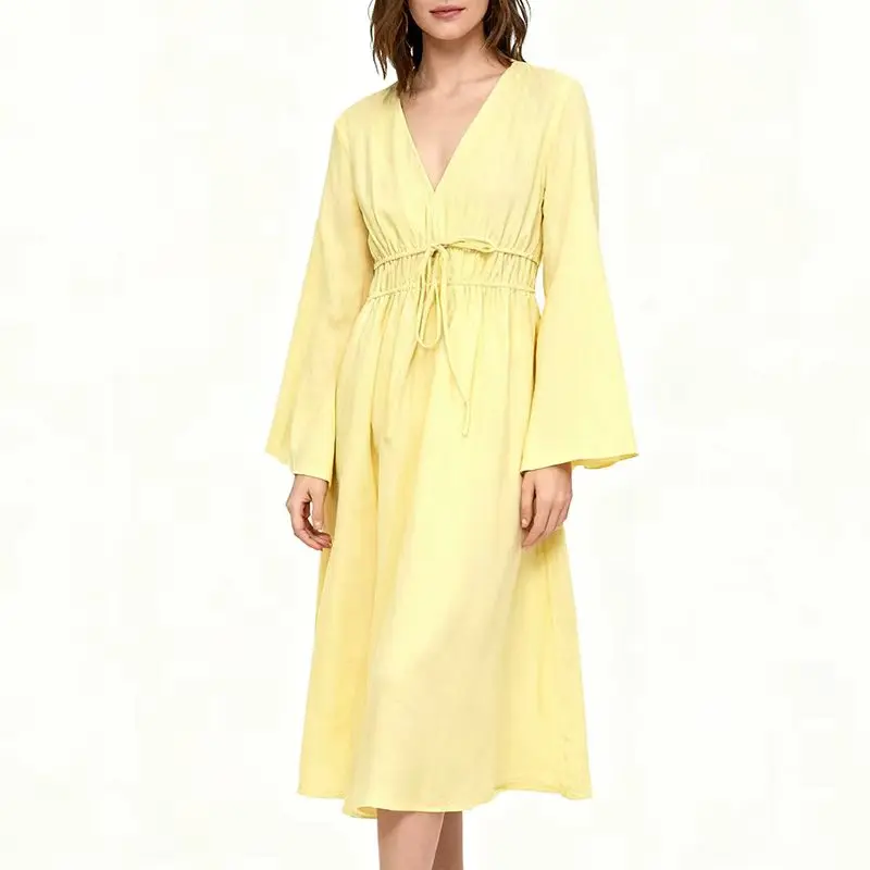 レディース タイ コットンリネン フロントカフタンワンピース 春新作 フレア ロングスリーブ ゴムウエスト ゆったりフィット バケーションワンピース