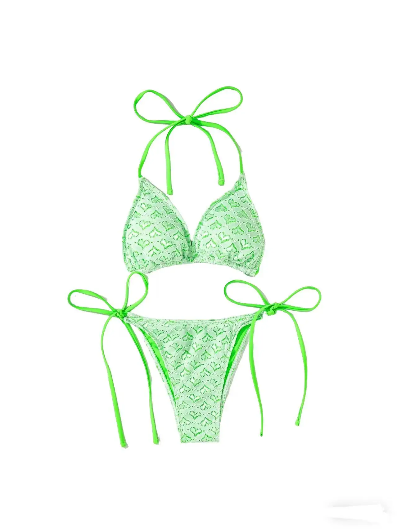 2026 New Women's Green Heart Lace Bikini Set Sexy Tie Side Triangle Swimsuit Two Piece Bathing Suit - Image 3