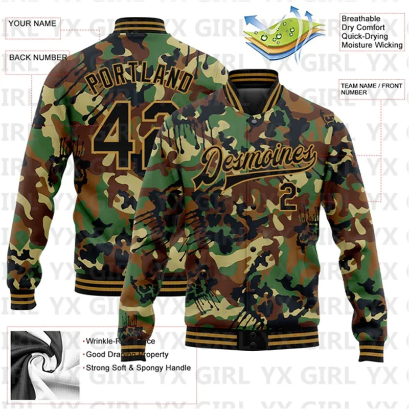 Custom Camo Black-Old Gold Graffiti Drips Bomber Full-Snap Varsity Letterman Two Tone Jacket 3D Baseball Button Jacket