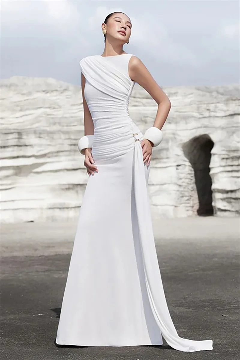White Flowy Sleeveless Prom Dress Ruched Bodycon Maxi Side‑Sash Designer‑Style Party Gown Elegant Formal Evening Wedding Robe