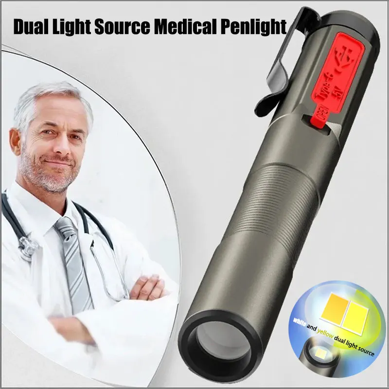 

F5 Rechargeable Medical Handy Pen Light Dual Light Source LED Flashlight Mini Pocket Doctor Oral Examination Penlight Clip Lamp