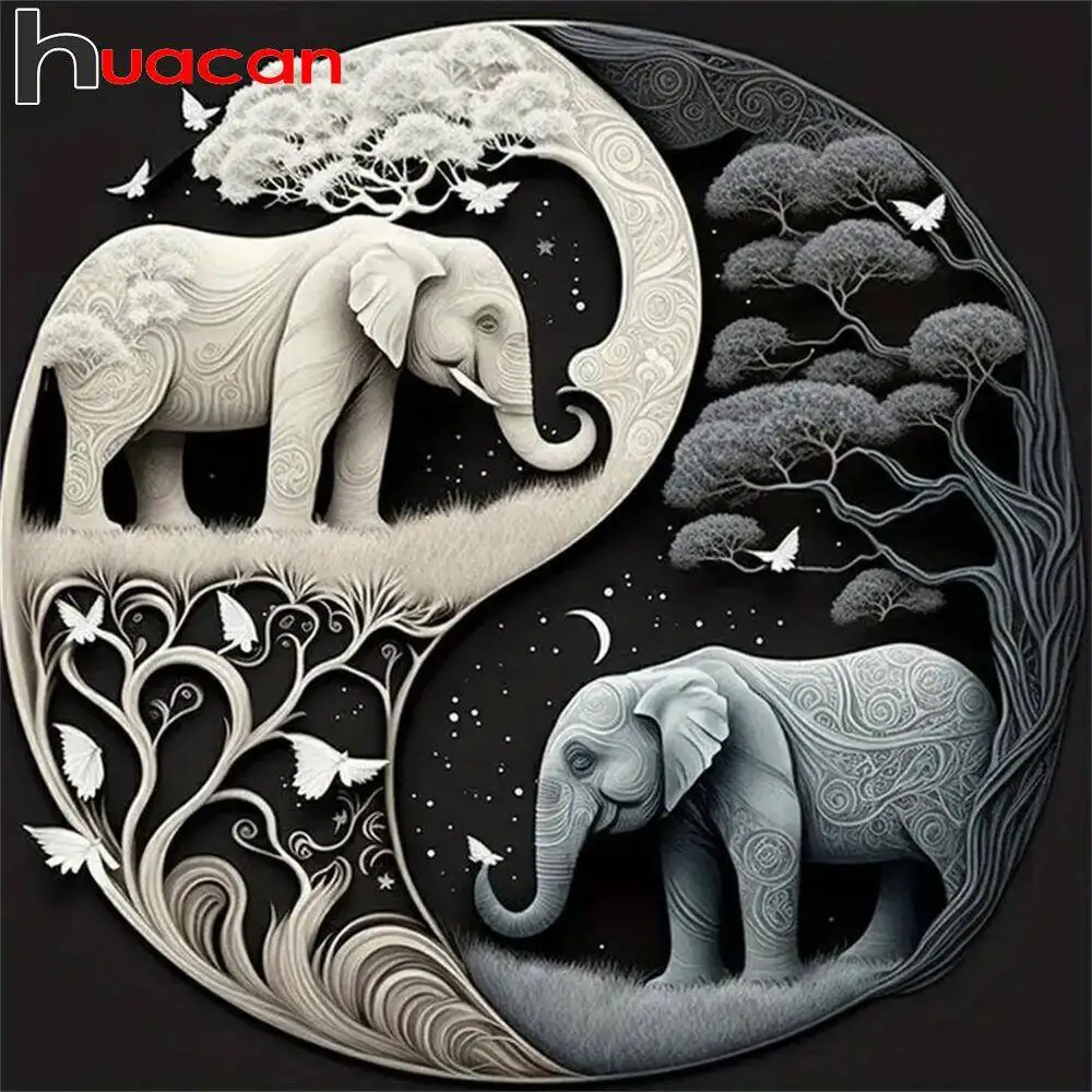 Huacan 5D-Diamant-Malerei-Set zum Selbermachen, Elefant, Tier, Tai Chi, volle Runde, quadratische Diamant-Mosaik-Wanddekoration