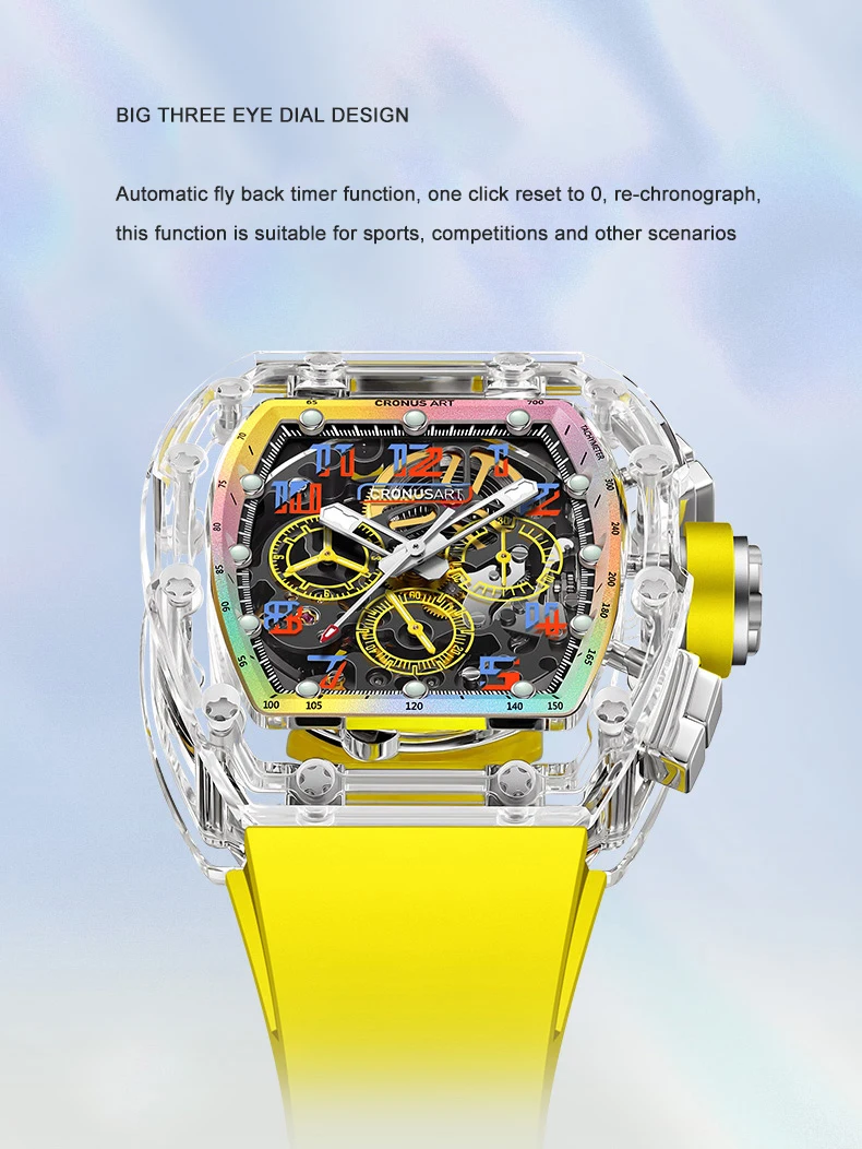 CRONUSART Men Chronograph Watch Tonneau Mechanical Wristwatch Sapphire Case Mirror Luminous Fluororubber Strap Skeleton Dial