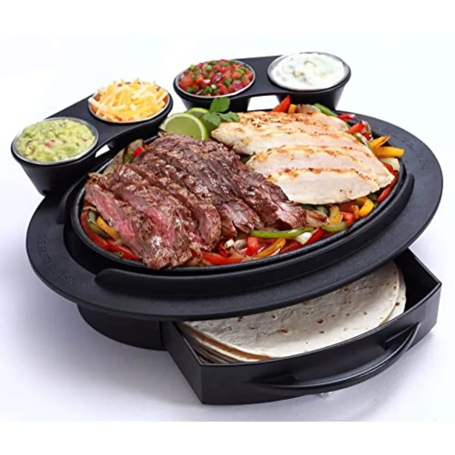

Patented Tortilla Drawer, repositionable Condiment Holders, high Temp Base (500 Degrees), Cast Iron Skillet & (4) Stainless Stee