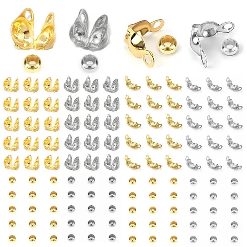 

100pcs/lot Stainless Steel Gold Color Clasp Crimp End Beads Connector Findings Kit DIY Bracelet Necklace Jewelry Making Supplies