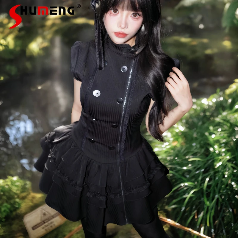 

Japanese Style New Design Gothic Retro Summer Double Breasted High Waist Lace Mini Dress Ladies Elegant Dark Aesthetic Vestidos