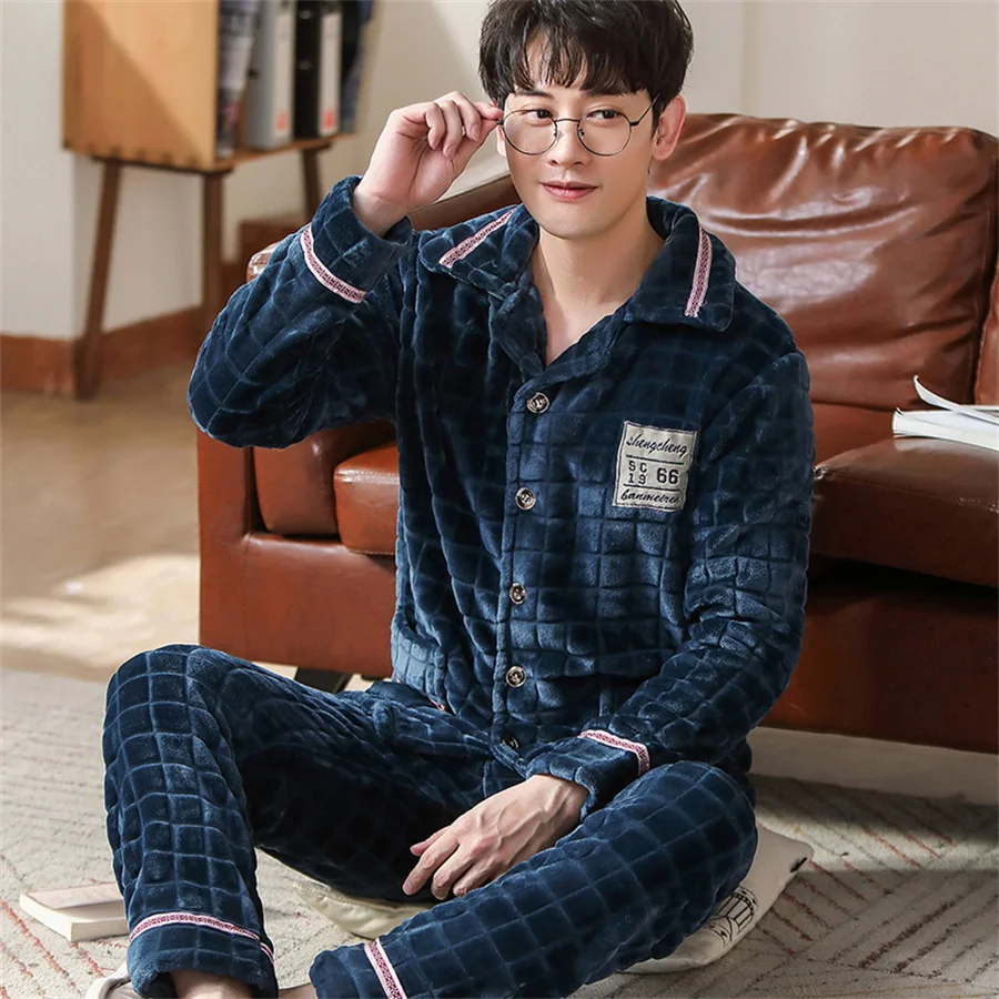 2024 Winter Men\'s Thicken Warm Coral Fleece Pajamas Set Soft Casual Sleepwear Long Pants Men Nightwear Male Home Clothes