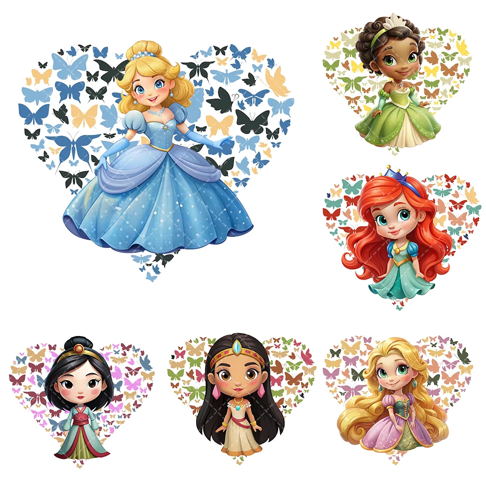 Disney Heart Princess Iron On Heat Transfer Sticker For Clothes Dtf Pinted Vinyl Thermal Appliques Washable T-shirt Gift