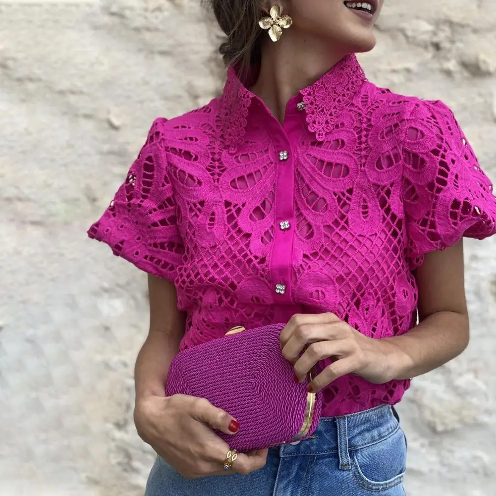 

Summer Floral Embroidery Lace Blouse Lapel Puff Short Sleeve Slim Fit Shirt Solid Color Button Closure Hollow Lace Crochet Blusa