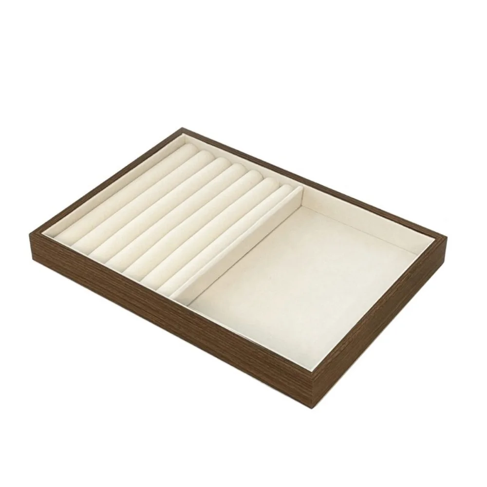 

Multi-Compartment Wooden Jewelry Display Tray Solid Wood Flat Bottom Earrings Storage Holder Velvet Lining Large Capacity