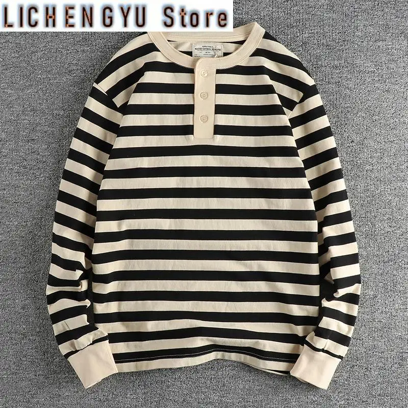 Autumn American Retro 230g Heavyweight Henry Collar Striped T-shirt Men's Fashion Washed Casual Loose