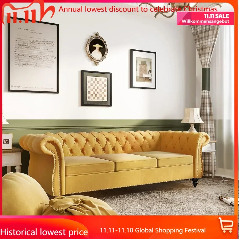 Accent Large Sofa, Chesterfield Couch 3 Seater Modern Velvet Couch Upholstered Sofa with Tufted Back for Living Room Furn