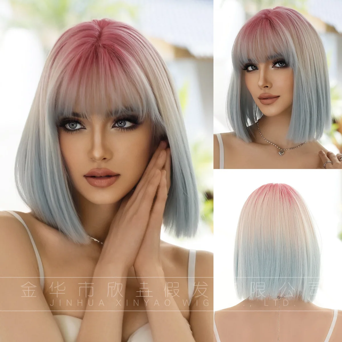 Wig Bob Pink pendek, rambut palsu penuh poni udara wanita, Wig lurus biru gradien merah muda